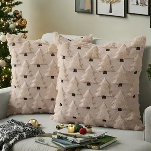 Set of 2 Christmas Pillow Covers 18x18 inch Beige Christmas Tree Throw Pillow Cases Decorations Soft Plush Faux Fur Wool Pillow Covers Winter Holiday Decor for Sofa Living Room