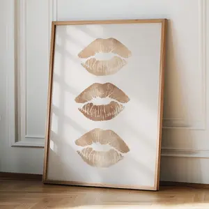Lips Wall Art Beige Trendy Home Prints Girly Wall Art Aesthetic Neutral Dorm Room Decor Beige Makeup Kiss Poster Stylish Retro Décor