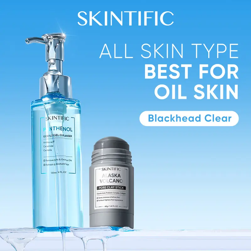 SKINTIFIC 2PCS Deep Cleansing Combo - Panthenol Gentle Gel Cleanser + Clay Stick (Pore Minimizing / Brightening / Acne-Calming) | Hydrate & Calm Skin