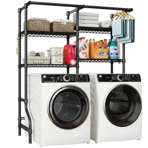 U14 Over Washer and Dryer Storage Shelves, 4 Tiers Laundry Room Storage and Organizer System, Space Saving Clothes Drying Rack with 2 Clothes Hanger Rods, 66.5" W x 20.5" D x 77.4" H, Black
