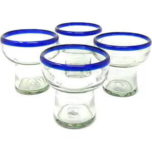 Dos Sueños Mexican Hand Blown Glass – Set of 4 Hand Blown Stemless Blue Rim Margarita Glasses (14oz)