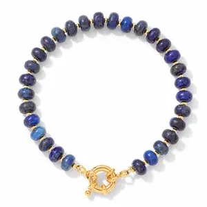 Aura Beaded Bracelet Large with Blue Beads and Gold Tone Clasp