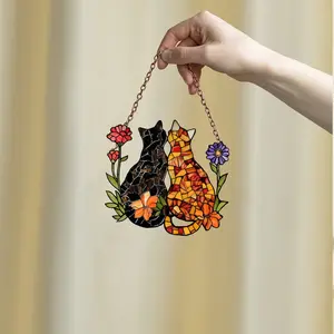 Cat Window Hanging, Acrylic Poppy Flowers Wall Window Hanging Art Decoration, Cat home decor, Gift for mom, cat lovers
