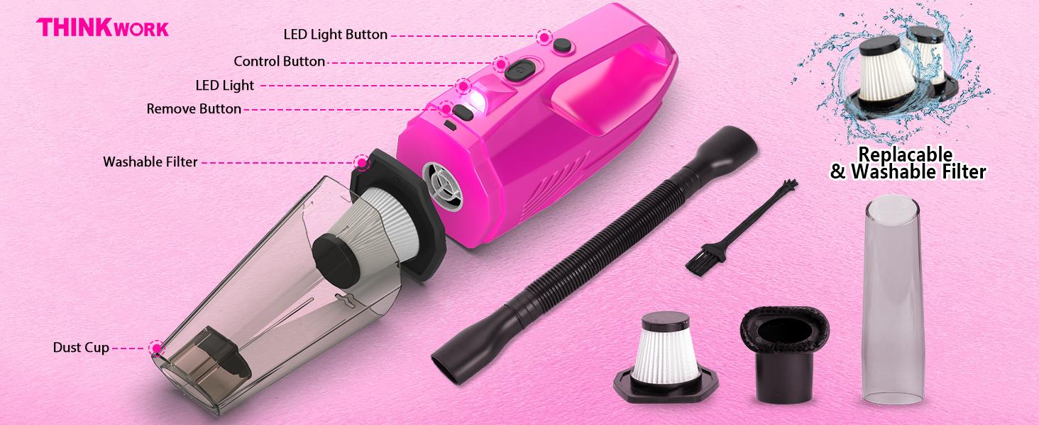 THINKWORK Pink Portable Vacuum Cleaner Kit with 8000PA Cordless Rechargeable Handheld Vacuum Cleaner, Gift for Women, High Power Accessories THINKWORK Pink Portable Vacuum Cleaner Kit with 8000PA Cordless Rechargeable Handheld Vacuum Cleaner, Gift for Women, High Power Accessories
