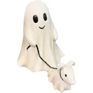 Ghost Walking Dog Statue, Ghost Walking His Ghost Dog, Halloween Ghost Dog Statues, 2024 New Halloween Statue，Ghost Decor for Yard, Garden, Corridor (B1, Medium Size)