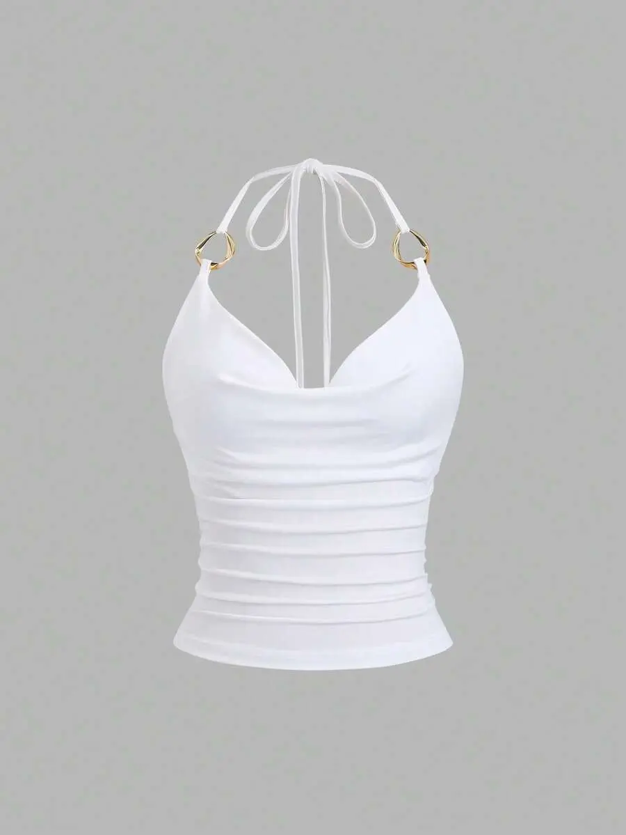 LUNA LAYER Womens Y2K Metal Ring Draped Halter Neck Crop Tank Top