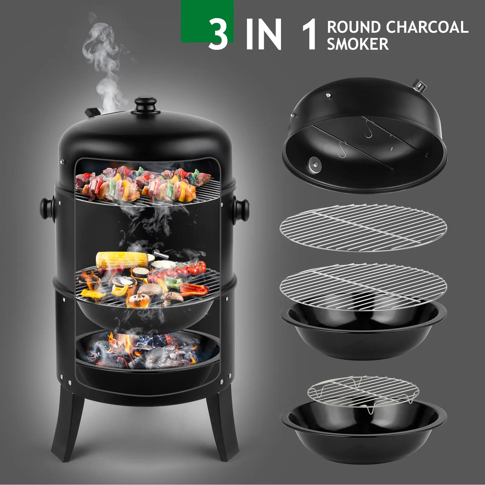 Portable Charcoal Grill and Smoker - Heavy-Duty Iron BBQ Grill with Thermometer, Adjustable Vent, Perfect for Camping, Backyard Use