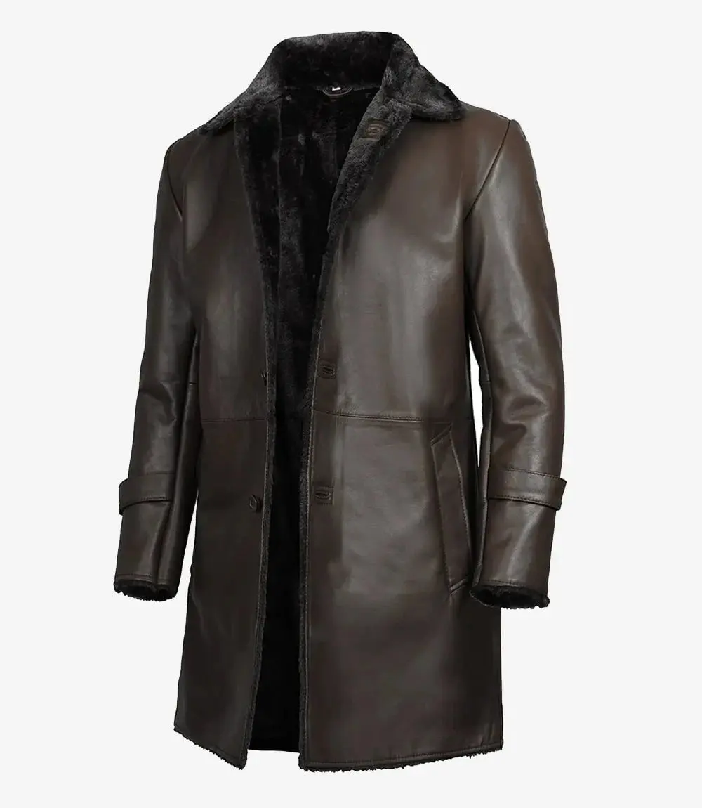 Men's 3/4 Dark Brown Leather Shearling Coat