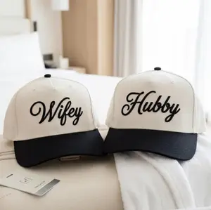 3D Wifey Hubby Embroidered Puff Hat Couples Matching Two Tone Caps, Gif For Anniversary , Custom Thread Color