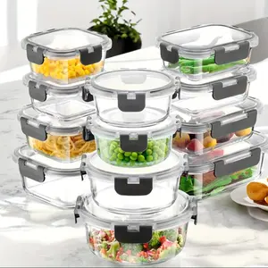 Multi-size combination transparent food storage containers with sealing lids to prevent leaks when inverted. Suitable for meal preparation, food packaging, leftover storage, food preservation, and lunch preparation containers.