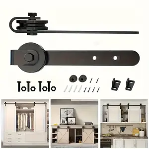 1 complete sliding barn door hardware kit, Sliding doors, frosted black metal track system with mounting brackets and wheels, ideal for TV cabinets and wardrobes, easy to install