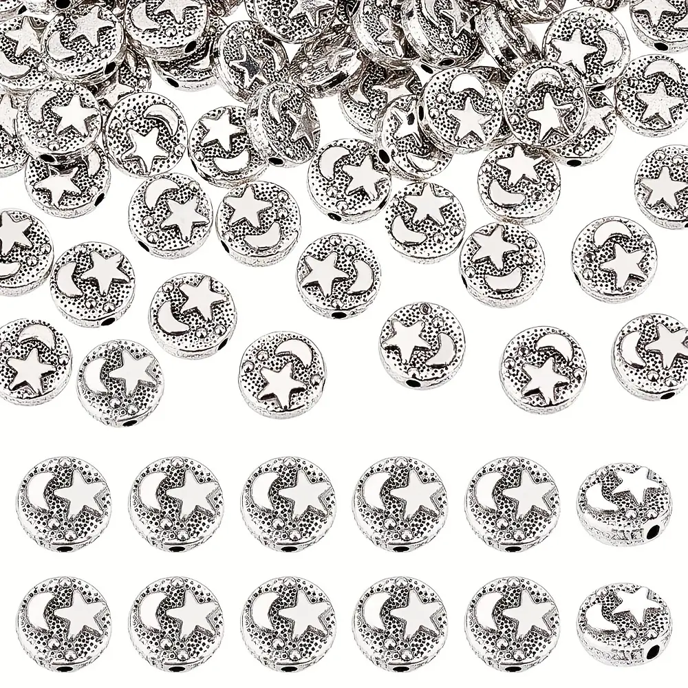 Retro Silver Star-Moon Small Hole Charm Beads for DIY Handcrafted Jewelry Making, 80/90/100pcs Spacer Beads for Bracelets, Necklaces, Toys & Hobbies Beading Accessories (Star Moon Design)