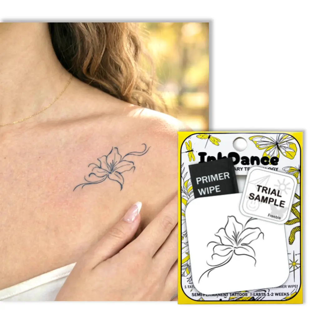 InkDance Semi-Permanent Tattoo, Tiny Fine Line Lily Flower, Long Lasting Temporary Tattoos, Waterproof Plant-Based Ink, Lasts 1-2 Weeks, Color Develops in 24 Hours  MNF098