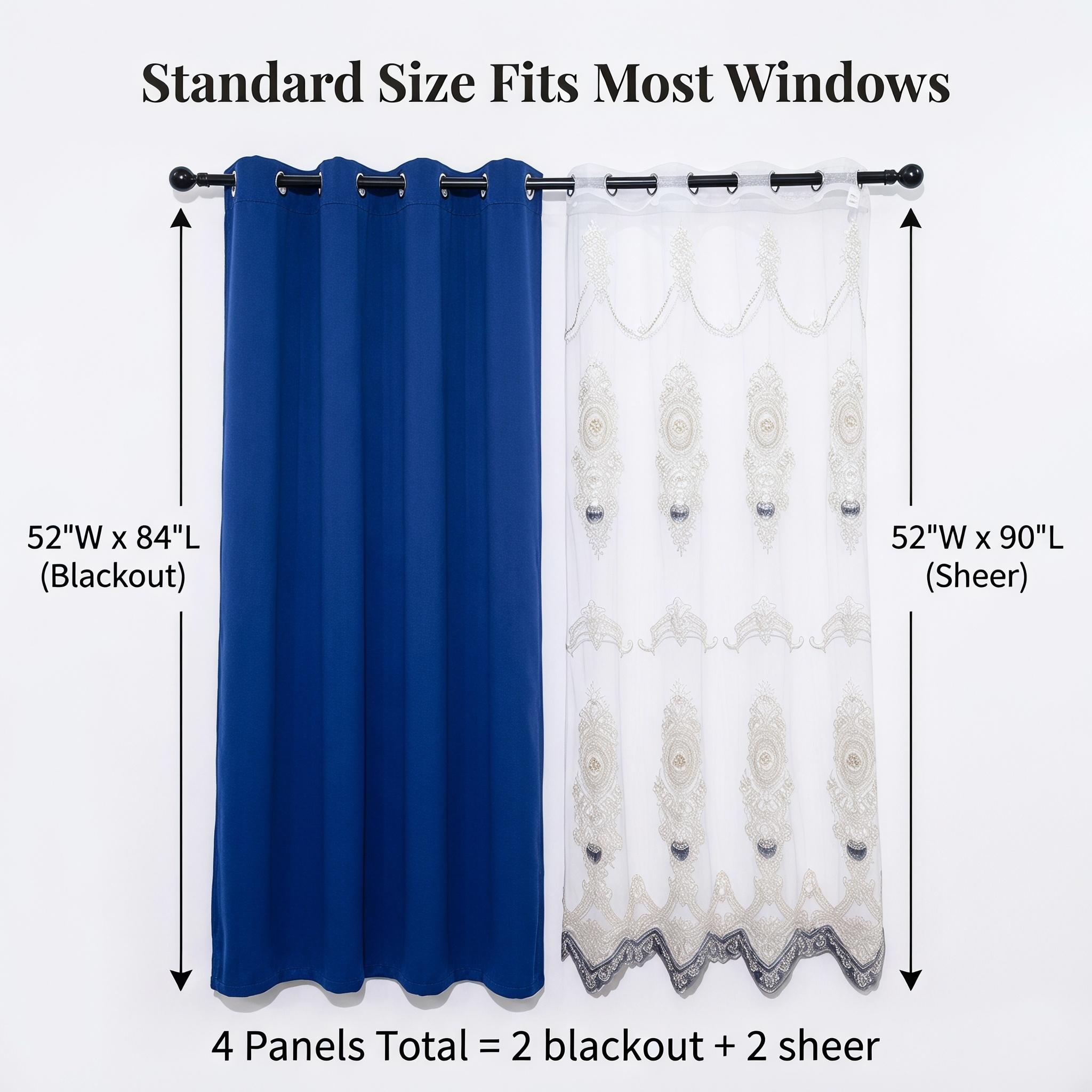 4 Panels Combination Grommets Curtains Including : 2 Panels 52x84 inch Solid Blackout Curtains & 2 Panels 52x90 inch Luxuary Embroidery Curtains QF222 QF78 noise reduction