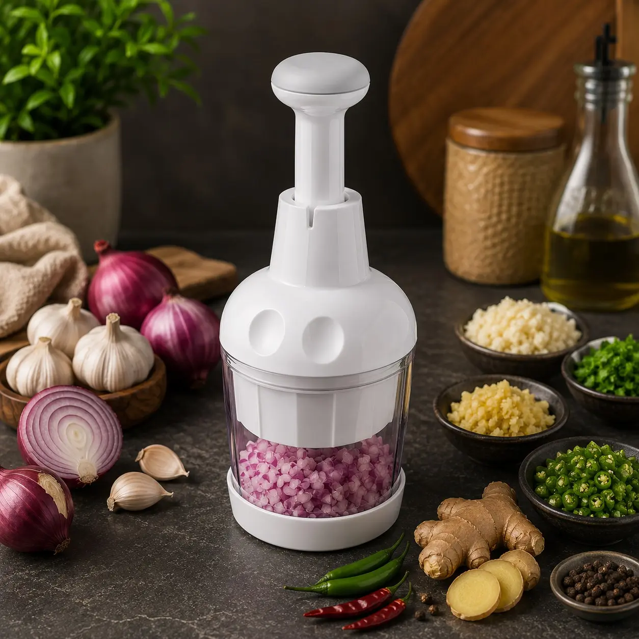 Premium Food Chopper, Handheld Vegetable Chopper with Stainless Steel Blades for Onion, Garlic, Herbs & Nuts, Dishwasher Safe, White