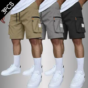 3PCS Men’s casual athletic cargo shorts, featuring a multi-pocket design perfect for summer wear.