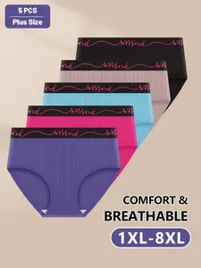 5-Pack Plus Size Women's Underwear, Panties, Soft Comfy Panty, Mid-Waist Comfortable Fit, Elegant, Colorblock Pattern, Letter Waistband, Vertical Stripes, All Seasons