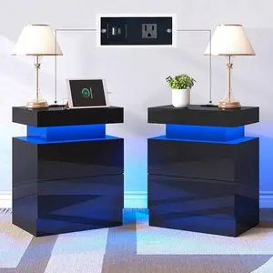 Modern Nightstand Set Of 2 With LED Lights And Charging Station, Side Tables With 2 Drawers And Open Storage Shelf, Stylish End Tables For Bedroom