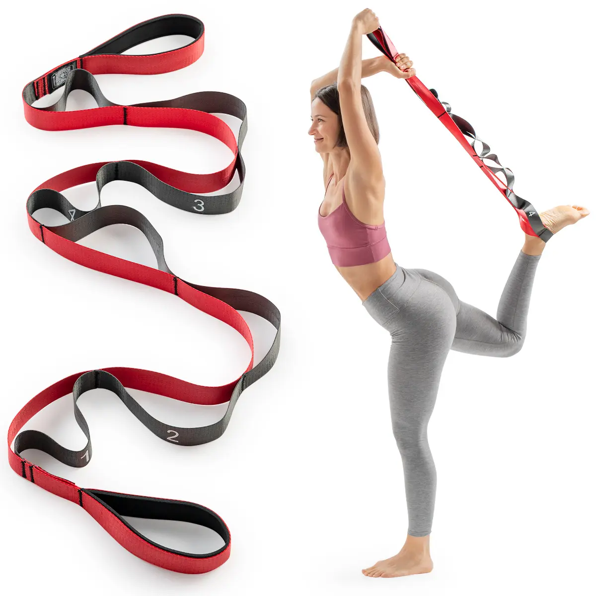 SUNNY Premium 8 Loop 75" Yoga Stretch Strap for Pilates Home Workout Fitness Flexibility Training Non Elastic Exercise Stretching Band Hamstring Leg Belt Heavy Duty Durable Comfortable Comfy Physical Therapy Rehabilitation Warm Up Recovery Dance Gymnastic