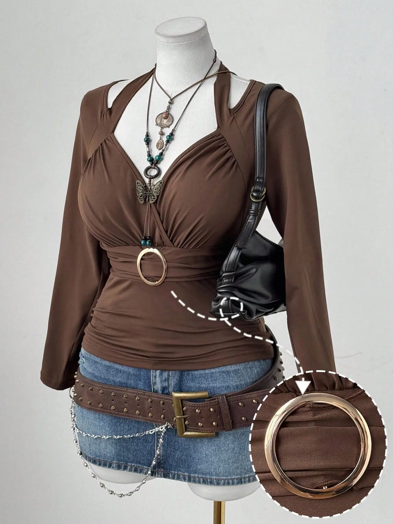 Sunspun Plus Size Square Neck Ruched Long Sleeve Bodycon T-Shirt with Metal Ring – Elegant Vintage Casual Brown Top for Women