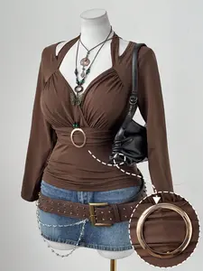 Sunspun Plus Size Square Neck Ruched Long Sleeve Bodycon T-Shirt with Metal Ring – Elegant Vintage Casual Brown Top for Women