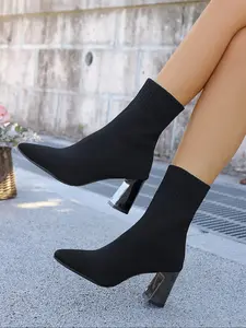 Women's High Heel Shoes, Pointed Toe, Elastic Knit Design, Perfect for Work & Casual Wear, Comfortable Textile Upper Material, Footwear Boot, Pointed Toe Boots, Pointed Toes Boots