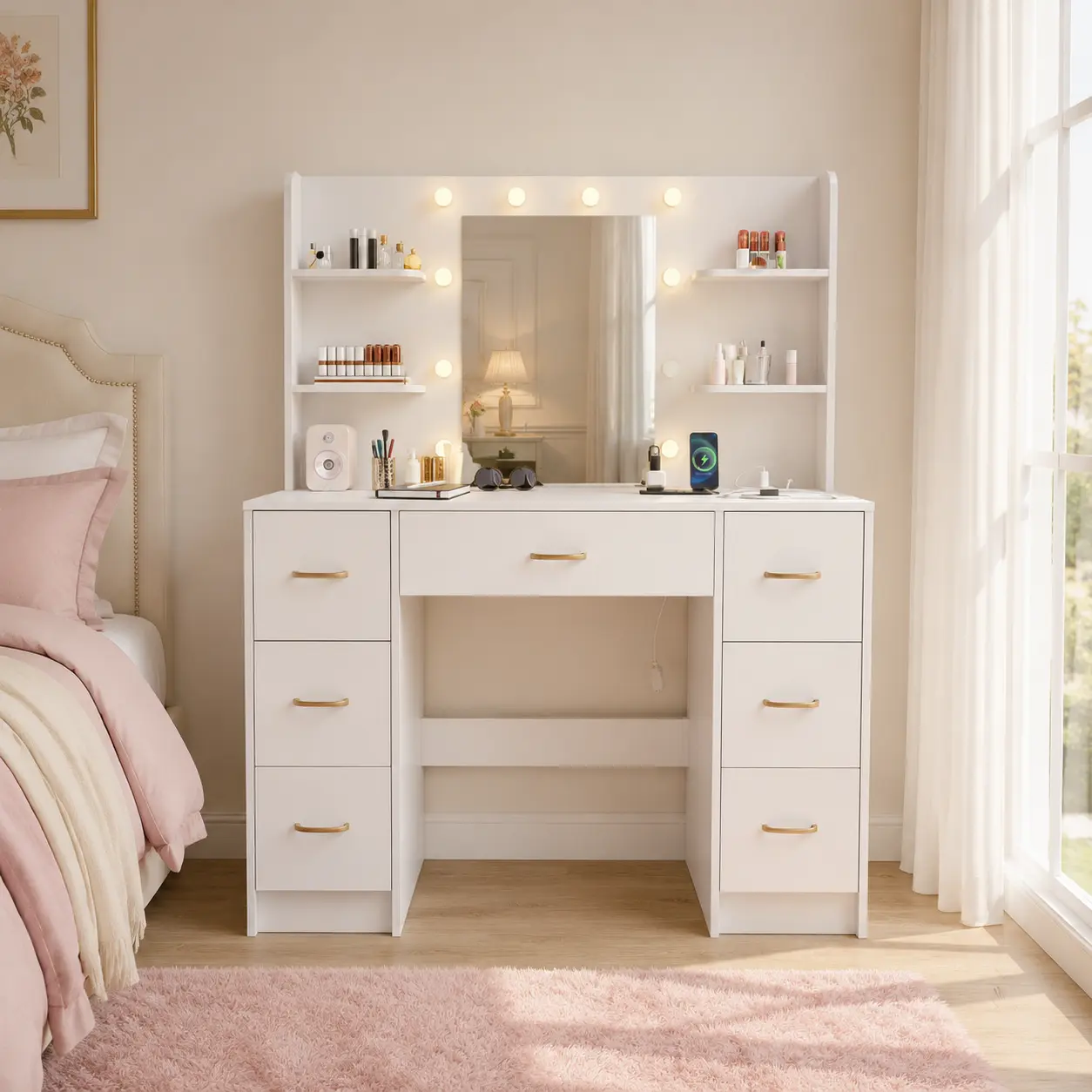 All-in-One LED Makeup Vanity, Shadow-Free 3-Color Mirror, 7 Storage Drawers, Built-In Charging Station with AC & USB Ports, Silent Slide Rails, Sturdy Eco Board for Bedroom