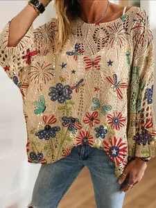 Elegant Floral Animal Print Long Sleeve Knit Top, Bat Wing Shoulder Design, Breathable Summer Sweater, Casual Vacation Style Women's Shirt