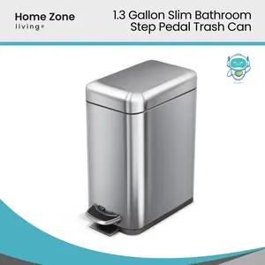 Home Zone Living 1.3 Gallon Slim Stainless Steel Trash Can with Step On Pedal and Soft Close Lid