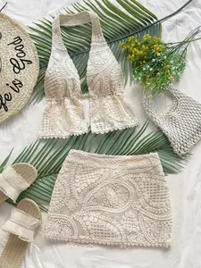 VRONA Yellow Textured Tie Nape Bare Rear Corset Folded Pareo Kit Festival Outfit Boho Chic