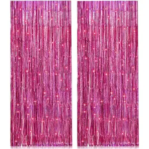 2 Pack 3.2ft x 8.2ft Pink Metallic Tinsel Foil Fringe Curtains Backdrop For Pink Party,Birthday,Wedding,Bachelorette,Baby Shower,Holiday Party Decorations And Photo Booth Props