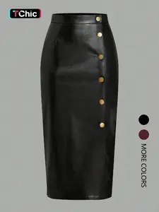 Women's single-breasted slit PU leather skirt, casual and comfortable, slim fit, high waist design, conforms to the body shape, elastic waistband, sexy A-line midi skirt.