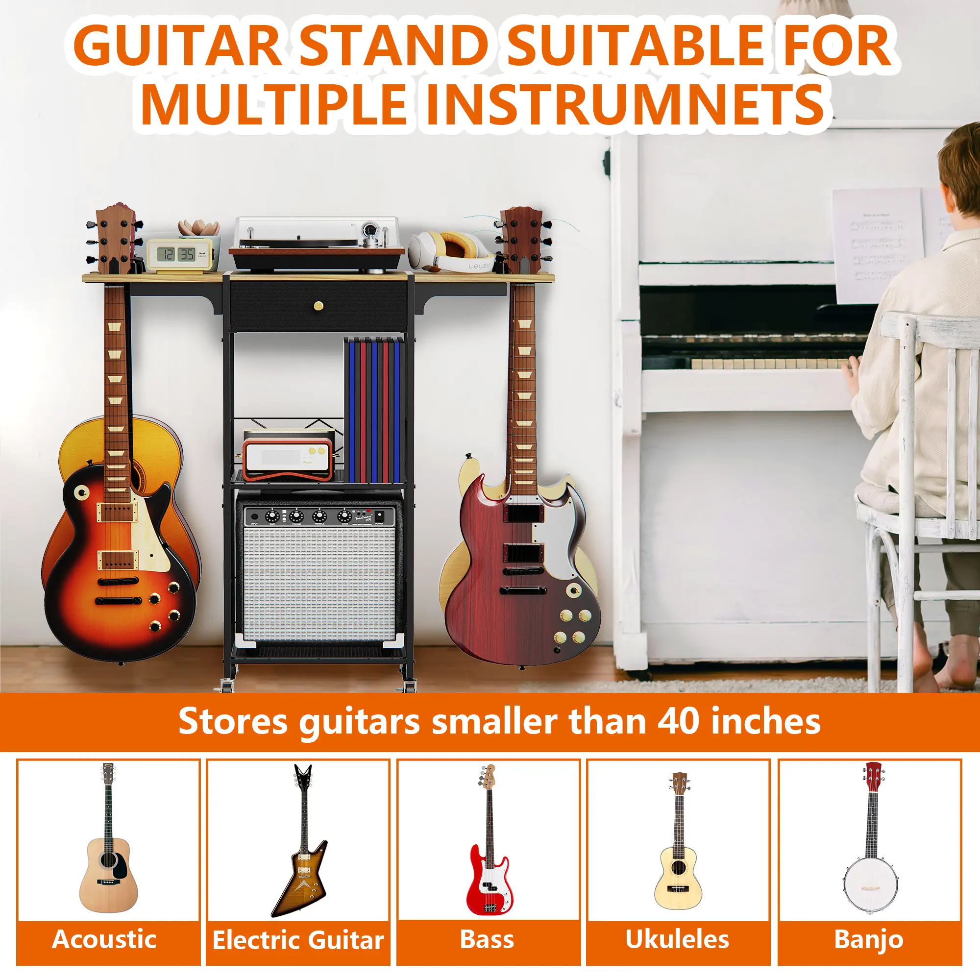 SURUIHK Steel Portable Music Guitar Stand Rack - Rolling Home Organizer with Lockable Wheels, Drawer, Amplifier Shelf, 40"l x 12"w x 37"h, Ample Storage Space, Stylish Studio Decor (Thanksgiving Pick)