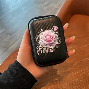 Gold Rose Pattern Eva Hard Edge Headphone Cable Charger Storage Box, Simple Design Mesh Pocket, Durable Portable Accessories Organizer