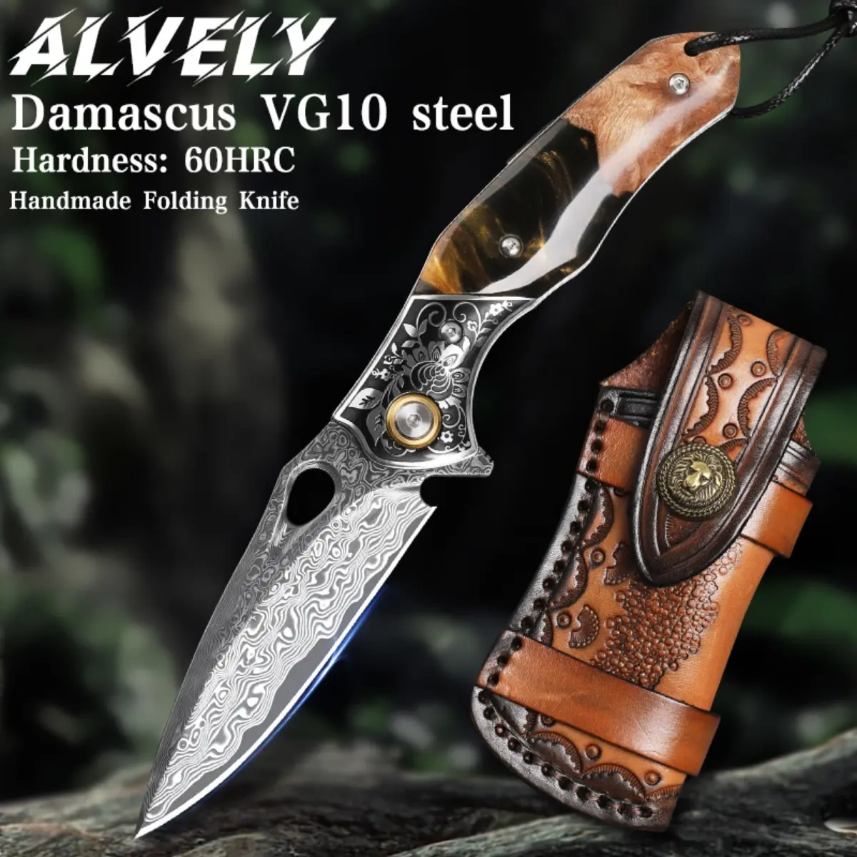 ALVELY Handmade Damascus Steel Pocket Knives, 3.1" VG10 Ultra Sharp Folding Blade, Liner Lock, Unique Maple Wood Handle, Faux Leather Sheath - Ideal for EDC, Outdoor Camping, Fishing