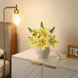 Garvee Artificial Tiger Lily Flowers Set with Real Touch Faux Blooms in Yellow, Pink, and White Variants, Includes 6 Blooms & 3 Buds in a Ceramic Vase, Ideal for Home, Wedding, Baby Shower, and Party Centerpiece Decoration