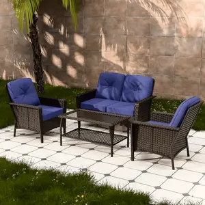 4 PCS Patio Furniture Set,Wicker Couch and Chairs Set w/ Coffee Table, Beige/Blue