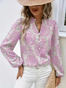 Women's Geometric Pattern V Neck Lantern Long Sleeve Shirt, Elegant Floral Style, Spring Summer Wear, Indoor Outdoor Casual Commute