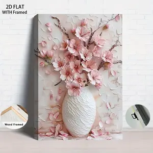 1PCS With Framed Modern Minimalist Relief Decorative Painting Pink Cherry Blossom Vase Wall Art for Living Room Entrance Style Home Decor High-Definition Canvas Print with Wooden Frame Bedroom Dining Home Decor Accessory