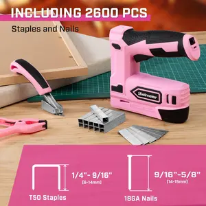 Pink Cordless Staple Gun, 2-in-1 Nail Gun Battery Powered with 2600Pcs Staples and Nails, 4V Brad Nailer Tacker Electric Stapler for Upholstery, Material Repair, Carpentry, Wood, DIY