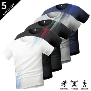 Pack of 5 – Men’s casual athletic T-shirts made from quick-dry summer fabric; stretchy, breathable men’s fitness training tops with color-block prints; suitable for sports, outdoor activities, and casual wear; ideal for gym workouts, running, and exercise