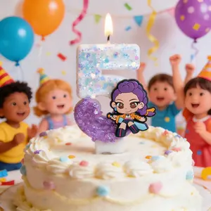 Cute Cartoon Number Candles 0-9 | White and purple Glitter Cake Toppers for Kids Birthday Party