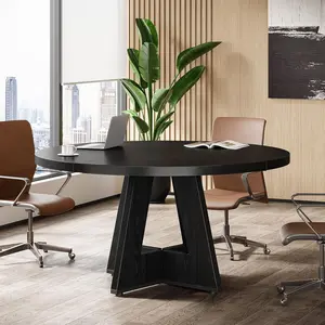 LITTLE TREE 47-Inch Round Conference Table for 4-6 People, Wooden Meeting Room Table with Thicken Tabletop and Wood Base