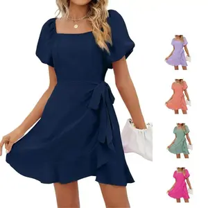 Women's Summer Square Neck Puff Sleeve Tie Short Dress