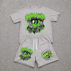 Men’s Summer 2 Piece Set, Steel Eye Claws Hiphop Street Style Letter Print Short Sleeve T Shirt and Drawstring Shorts Matching Outfit, Lightweight Breathable Casual Set for Travel, Streetwear, Beach, Vacation, and Daily Wear
