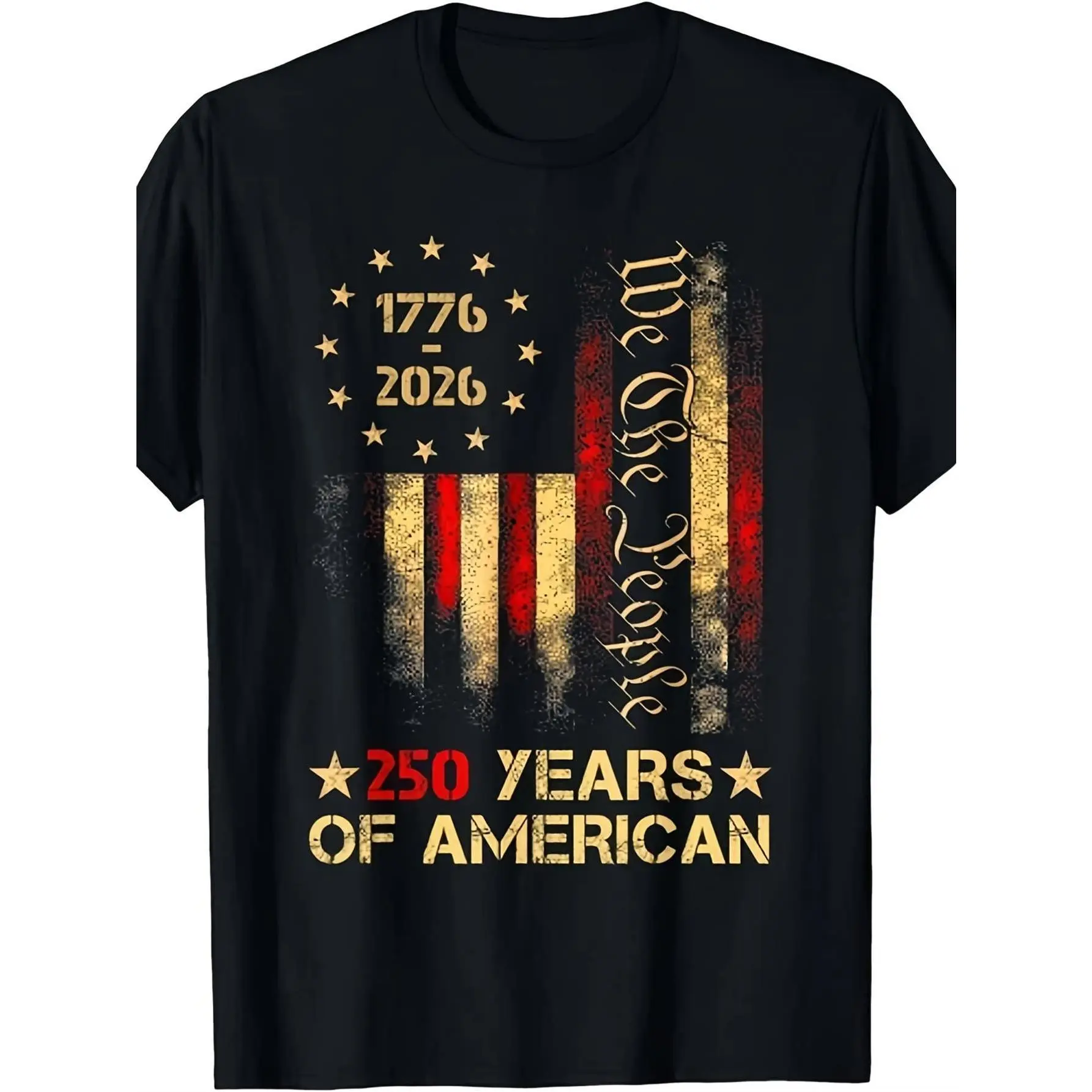 1776-2026 American Heritage Golden Stars Tee T-Shirt for Men, "We the People" Pattern, 250th Anniversary American Pride Design, Breathable Elastic , Loose Casual Regular Fit, Machine Washable, July 4th Independence Day & Patriotic Events