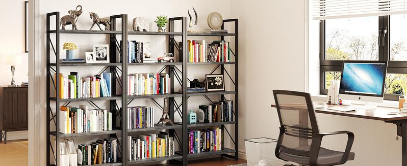 DWVO 5 Tiers Bookshelf, Industrial Artsy Grey Bookcase Bookshelves, Book Rack, Storage Rack Shelves Books Holder Organizer for Books Movies in Living Room Home Office, Charcoal Gray + Black