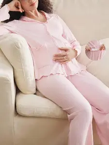 ZENIE Cozy Minimalist Maternity Lounge Set Wavy Collar Long Sleeve Top and Long Pants Super Soft Bump Friendly Fall and Winter Outfit