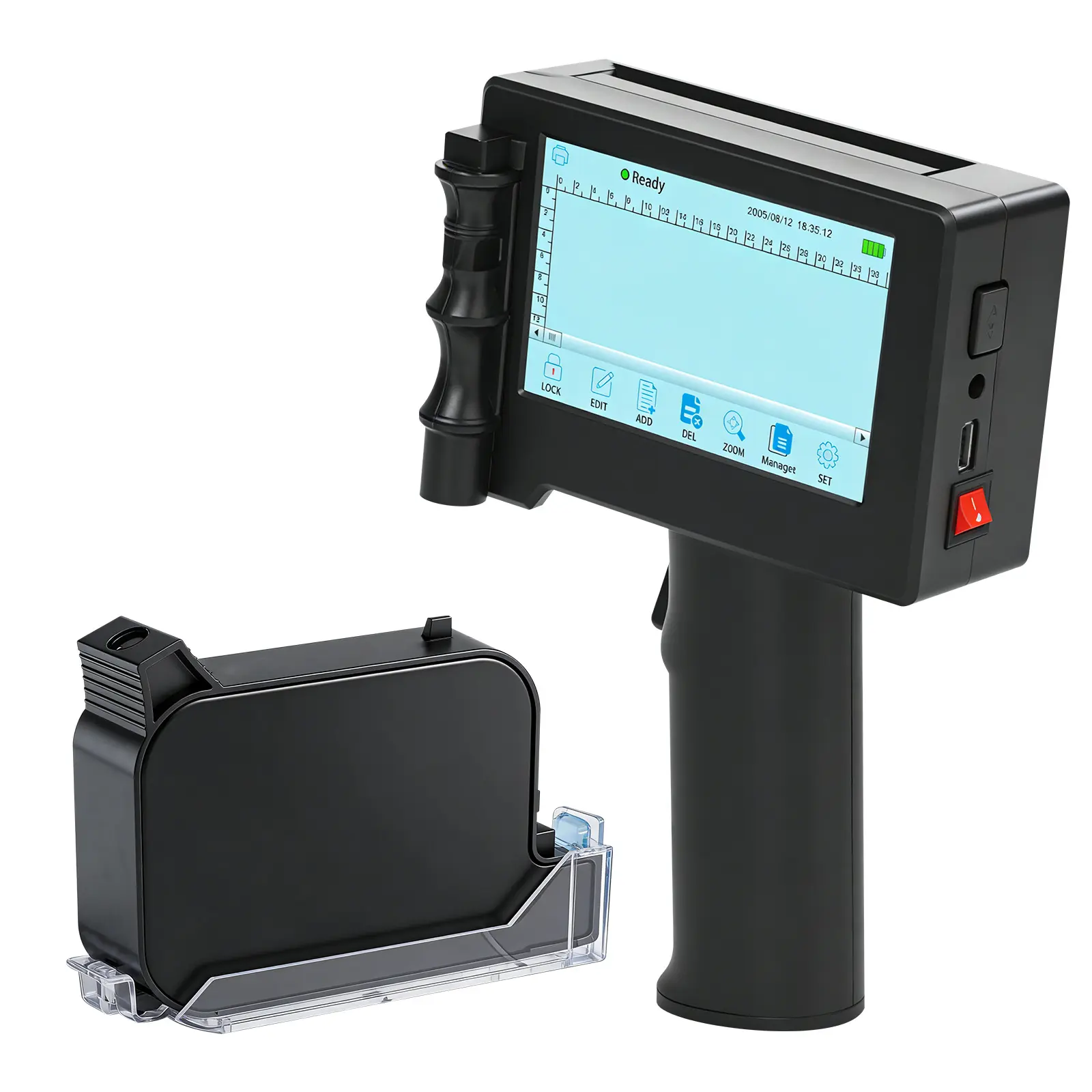 Pro Portable Handheld TIJ Printer - 600DPI, 12.7mm Adjustable Print Height, 4.3-inch Smart Touch Screen, Touch Screen Pen, 42ml Quick-Dry Ink Cartridge - High-Precision Batch Coding for Expiry Date, QR Code, Logo on Wood, Pipes for Industrial Packaging