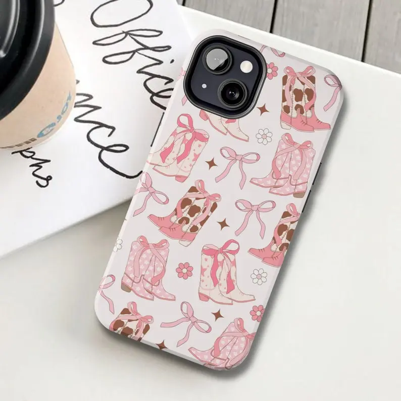 Aesthetic Bow Ribbon Smartphone Case - Coquette Cowgirl Western Rodeo Design, Balletcore Pink Handheld Cellphone Cover, Girly Wild West Cowboy Boots Themed Accessories Gift for iPhone